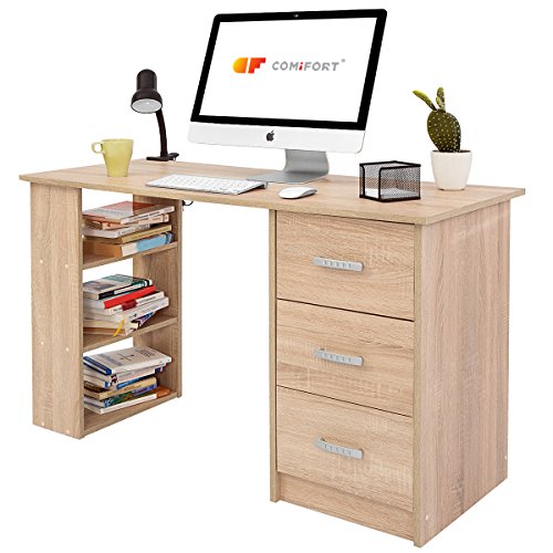COMIFORT Mesa de Trabajo – Escritorio Robusto y Espacioso, Estilo Moderno y Minimalista, con Gran Capacidad de Almacenaje, 3 Baldas y 3 Cajones, Color Roble
