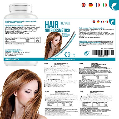 Complemento alimenticio de zinc, levadura de cerveza y vitamina E para ayudar a prevenir la caída del cabello – Suplemento de vitaminas para fortalecer el pelo – 180 cápsulas vegetales