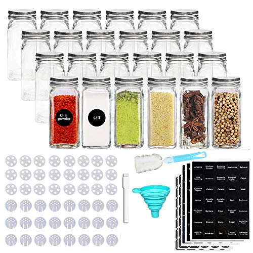 Conjunto de 24 tarros de especias: recipientes de vidrio cuadrados, capacidad 120 ml, tapa hermética de 10.5 x 4.3 cm, pizarra y etiqueta transparente, tapas de inserción de agitador y embudo ancho