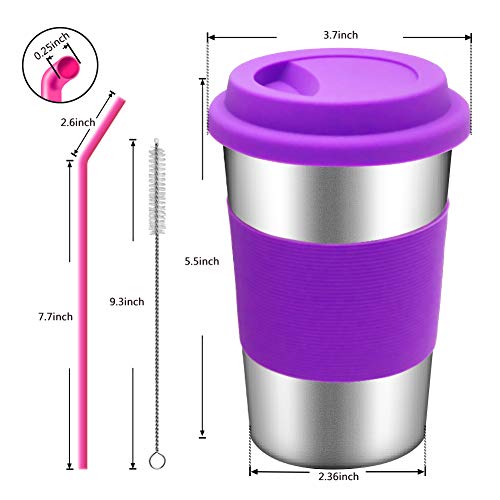 Copas de acero inoxidable con tapas, mangas y pajitas de silicona | Paquete de 3 16 oz. Copas de vasos de bebida para niños pequeños, niños y adultos | Ecológico | Sin BPA (Paja de silicona)