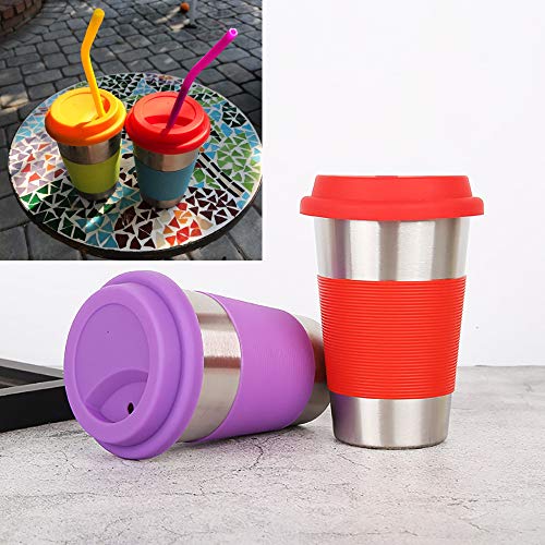 Copas de acero inoxidable con tapas, mangas y pajitas de silicona | Paquete de 3 16 oz. Copas de vasos de bebida para niños pequeños, niños y adultos | Ecológico | Sin BPA (Paja de silicona)