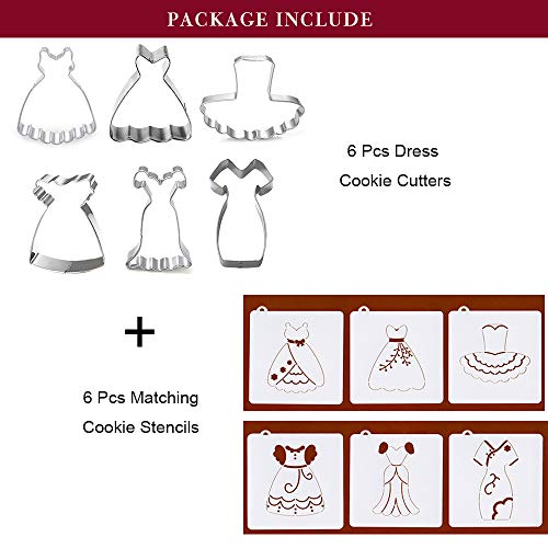 Cortadores de galletas con plantillas a juego – Juego de 12 – 6 cortadores de galletas y 6 plantillas de galletas, incluye tirantes falda, boda, vestido negro, niña pequeña, tutú y vestido de princesa