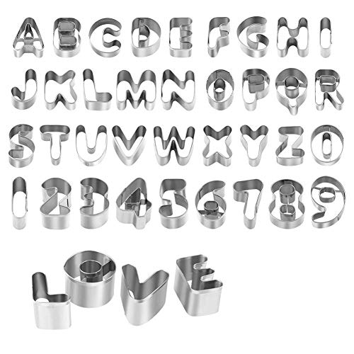 Cortadores Galletas,Letras Numeros Moldes Galletas Para Hornear De Acero Inoxidable Tartas Glaseado Fondant Decoración, Cookie Stencils Pancake de Galletas Herramientas Hornear, 37 Piezas (Plata)