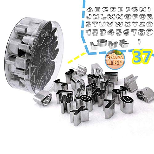 Cortadores Galletas,Letras Numeros Moldes Galletas Para Hornear De Acero Inoxidable Tartas Glaseado Fondant Decoración, Cookie Stencils Pancake de Galletas Herramientas Hornear, 37 Piezas (Plata)