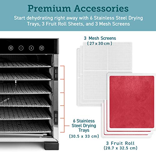 COSORI Deshidratador de Alimentos con 6 Bandejas de Acero Inoxidable, Temporizador 48h, 35° -75° C, Secador de Fruta 650W con 3 Bases para Rollos de Frutas, 3 Tamices de Malla, 50 Recetas, sin BPA