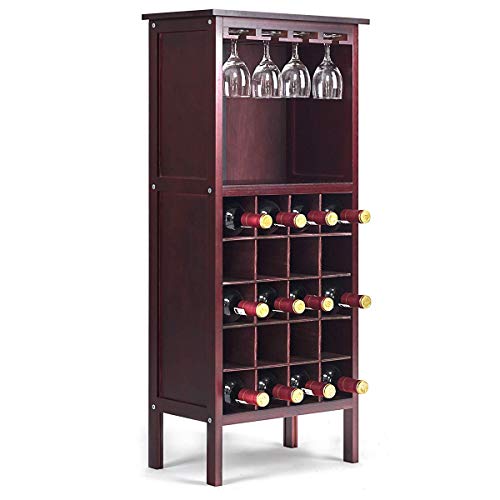 COSTWAY Botellero Vino con Soporte para 20 Botellas Madera Vino Estante Armario con Copa de Vino Colgante (Borgoña)
