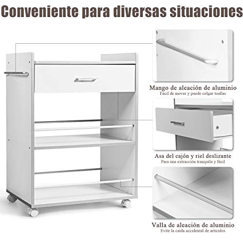 COSTWAY Carro de Cocina con Ruedas Carrito Auxiliar Carro de Servicio Estantería Multifuncional con 3 Estantes y Cajón para Comedor Restaurante Blanco