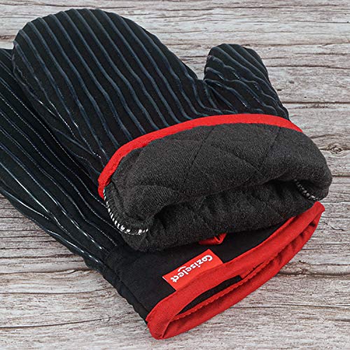 Coziselect Guantes de Horno, Guantes de Cocina Resistentes al Calor y Juego de Mantel Individual, Diseño Antideslizante de Silicona, Adecuado para Cocinar, Hornear, Asar a la Parrilla, Negro