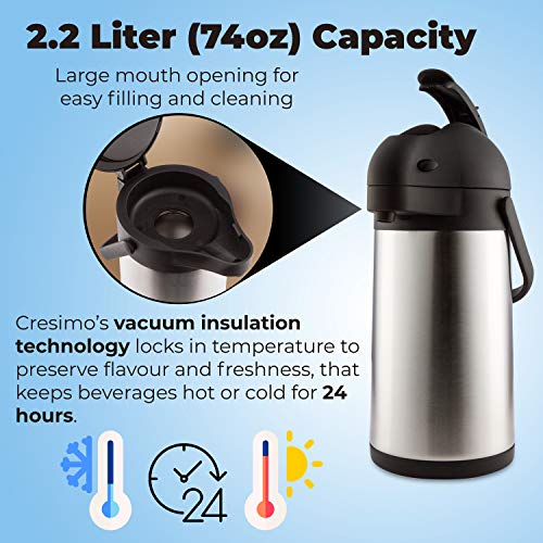 Cresimo 2.2 Litros Airpot Jarra térmica / Termo de acero inoxidable de palanca / 24 horas de retención de calor frío retención