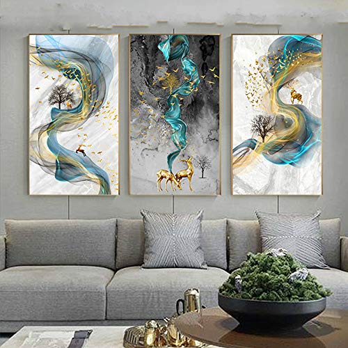 Cuadro abstracto de pintura de ciervos dorados, póster de gran tamaño, impresión azul, imagen de arte de pared dorada, sala de estar, cuadros modernos, arte de lienzo de 20x35 cm
