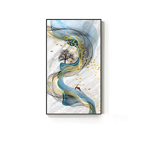 Cuadro abstracto de pintura de ciervos dorados, póster de gran tamaño, impresión azul, imagen de arte de pared dorada, sala de estar, cuadros modernos, arte de lienzo de 20x35 cm