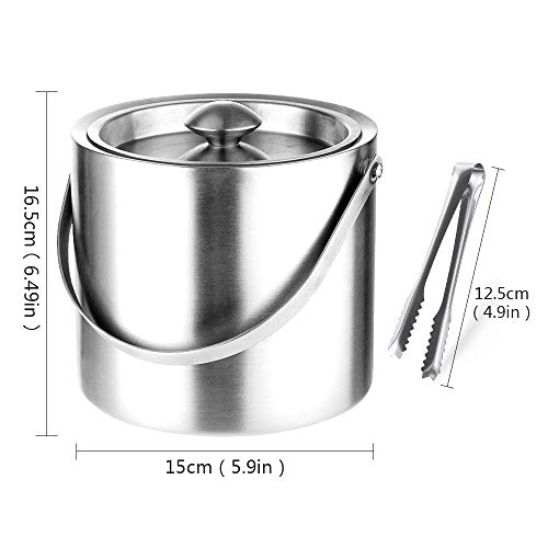 Cubitera de hielo de acero inoxidable de 2 litros con tapa de pinza de hielo portátil de doble pared con asa de transporte enfriador de vino cubitera de hielo gruesa para bar fiesta cerveza champán