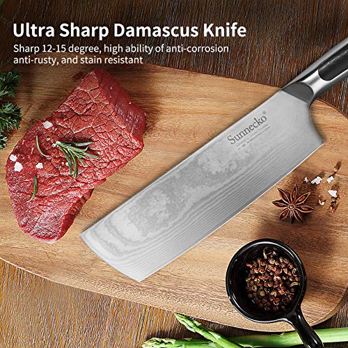 Cuchillo de Cocina China 7 pulgadas - Sunnecko Macheta de cocina china Profesional Japonés Damasco Cuchillos Verduras Chop Cutter Hachuela Ultra Filoso