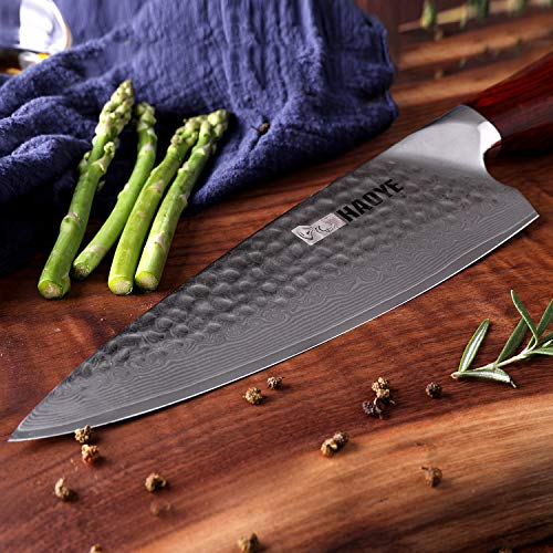 Cuchillo de cocina de acero de Damasco Cuchillo de cocina japonés VG10, hoja afilada y afilada 20 cm - ancho 56 mm, martillado, diseño de estilo artístico, mango de palo de rosa