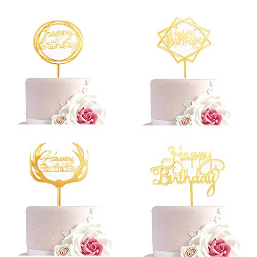 Cupcake Toppers, Feliz Cumpleaños Símbolo De La Torta Topper, 4 Piezas Multi-Círculo, Estrellas Cuadradas, Astas, Letras Inglesas, Adecuado para Decorar Pastel De Cumpleaños (Oro)