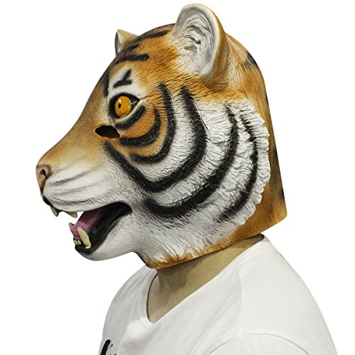 CUSFULL Máscara de Tigre Disfraz de Animal Halloween Horror Máscara de Goma Caucho de Terror Cabeza Talla Única para Adulto Fiesta