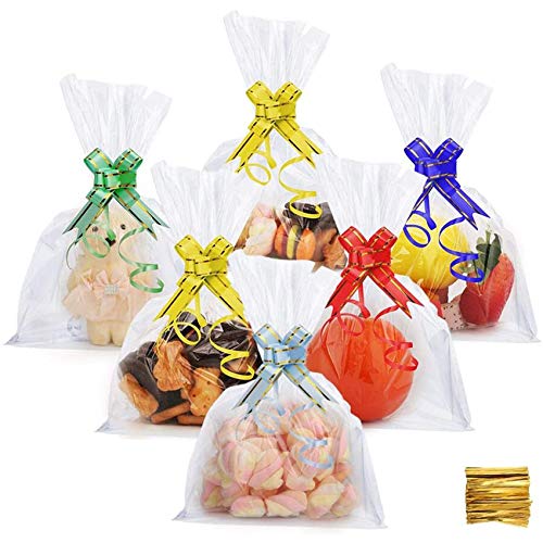 DazSpirit 100Pcs Bolsas Transparentes Planas de Regalo De Celofán Con Cintas - Bolsa de Plástico Transparente de 18x25 Cm Para Dulces, Magdalenas Y Juguetes (Bolsa de embalaje transparente)