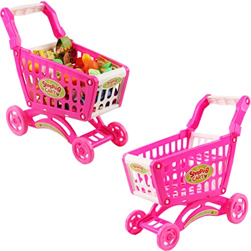 deAO Carrito de la Compra Infantil Incluye Variedad de 50 Productos de Mercado y Comestibles para Niños y Niñas (Rosa)