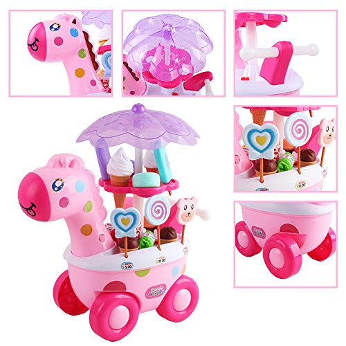 deAO Chuchería y Heladería Tienda de Dulces con Luces LED y Música Carrito Mercado Ambulante Puesto de Golosinas Incluye 20 Accesorios y Dinero de Juguete