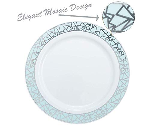 Decor Decorline - Set de Platos de Plástico para Fiestas Premium 32 Piezas - Colección Mosaico Elegante - Plata -Platos Gruesos y Duraderos -Juego de Platos de Cena de Plástico para Toda Ocasión
