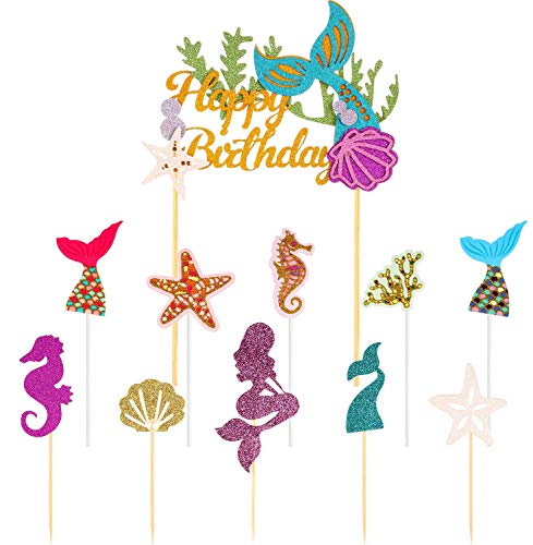 Decoración para Tarta, Cake Topper de Sirena,Cupcake Topper Set,de Sirena Cupcakes decoración, Topper de Pastel de Cumpleaños Palillos de Magdalena de Happy Birthday para Decoración de Fiesta