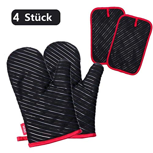 Deik Guantes y agarraderas para Horno, Guantes Resistentes al Calor de hasta 300 ℃, Guantes de Silicona Antideslizantes para la Parrilla, adecuados para cocinar, Hornear, Asar a la Parrilla, Negro