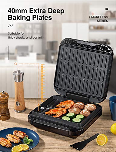 DEIK Hot&Hot Parrilla Eléctrica de Asar 1400W Parrilla en Minutos, Fácil Limpieza Antiadherente Revestimiento, Superficie 24*19 CM para 2-3 Personas, incluye Espátula y Bandeja de Goteo Extraíble