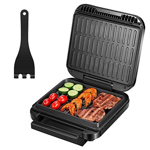 DEIK Hot&Hot Parrilla Eléctrica de Asar 1400W Parrilla en Minutos, Fácil Limpieza Antiadherente Revestimiento, Superficie 24*19 CM para 2-3 Personas, incluye Espátula y Bandeja de Goteo Extraíble