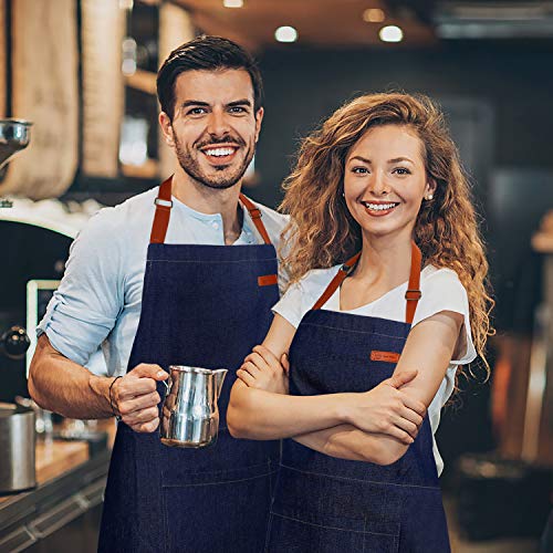 Delantal Cocina Demin Jean de Trabajo para Hombre y Mujer Camarero, Delantales justable con Bolsillos para Herramientas para Cocinar Cocina, Jardín, Restaurante, Cafetería, Azul Vaquero