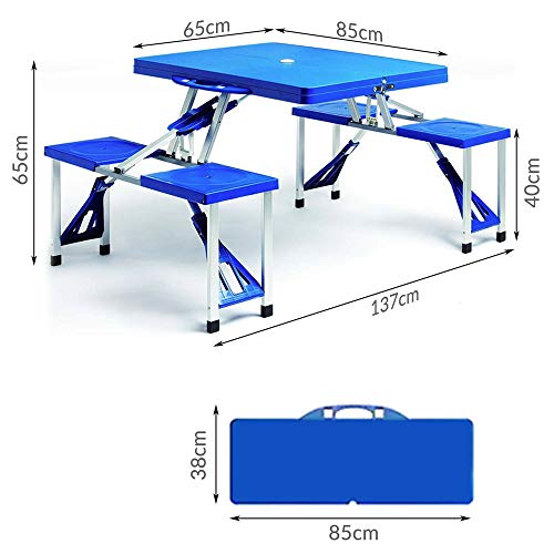 Deuba Mesa Plegable de Camping con 4 sillas portátil Espacio para sombrilla Azul pícnic Camping Exterior 137x85x65cm