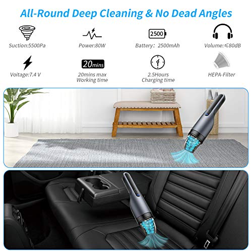 Deyooxi Aspirador de Mano,5500PA aspiradora de Mano sin Cable Potente con BateríA Recargable de 2500mAh,Aspirador de Coche Sin Cable Potente y Filtro Hepa Mejorado para el Hogar y el AutomóVil
