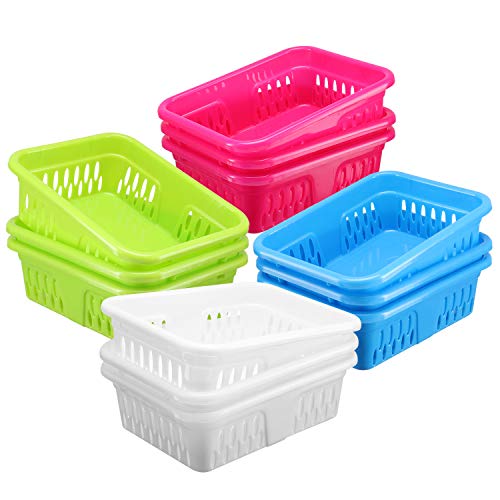 DilaBee Contenedores organizadores de plástico brillante, paquete de 12 bandejas de almacenamiento pequeñas y coloridas, cestas modulares para aulas, cajones, estantes, escritorio, armario