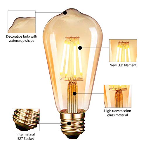Dobee Bombilla LED E27, Edison Vintage Bombilla Cálido 4W ST64 2600-2700K 400LM Bombilla Retro Decorativa Ambar Cálido Blanco Bombillas Incandescentes - 6 Unidades [Clase de eficiencia energética A+]