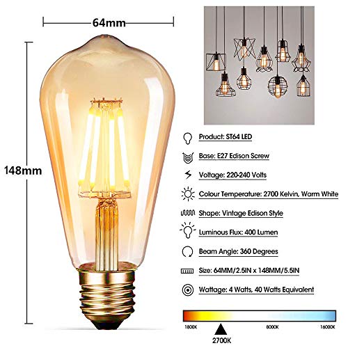 Dobee Bombilla LED E27, Edison Vintage Bombilla Cálido 4W ST64 2600-2700K 400LM Bombilla Retro Decorativa Ambar Cálido Blanco Bombillas Incandescentes - 6 Unidades [Clase de eficiencia energética A+]