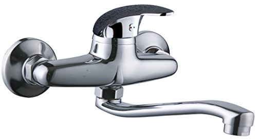 DP Grifería - Grifo de cocina, grifo monomando de pared con caño bajo, color plateado, modelo Lirio
