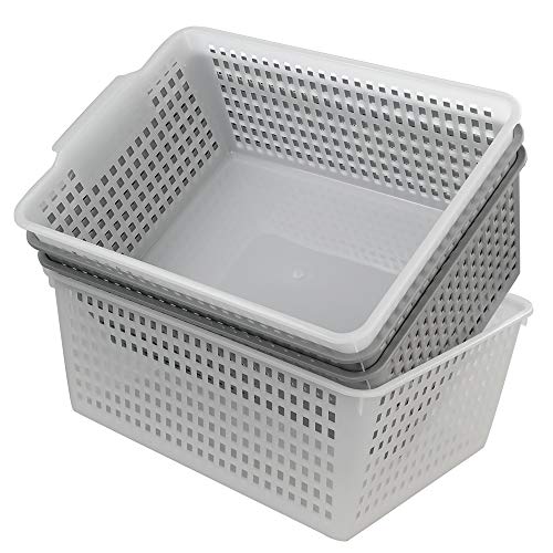 Dynko 4 Cestas de Almacenamiento de plástico, Bandejas Organizadoras de Plástico, Transparente y Gris