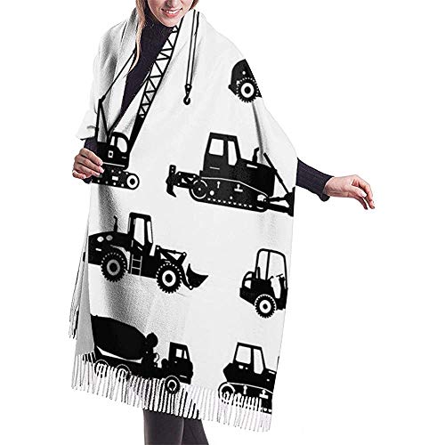 Elaine-Shop Bufanda grande Siluetas negras Máquinas mezcladoras de concreto Conjunto industrial Camiones Tractores Chal Abrigo Bufanda cálida de invierno Capa Bufandas de gran tamaño