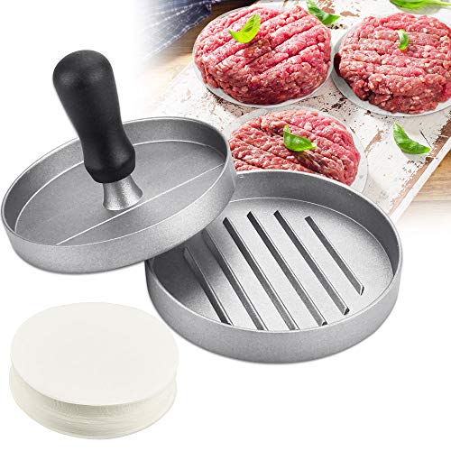 EMAGEREN Prensa de Hamburguesa, Molde de Hamburguesa Antiadherente con 500pcs Papeles Hamburguesa Papel Antiadherente Horno Aparato para Hacer Hamburguesa de Aluminio, Utensilio para Hacer Hamburguesa