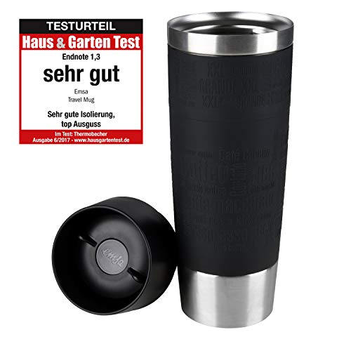 Emsa Travel Mug Grande Taza Termo, 0.5 L, Acero Inoxidable/Silicona, Plateado/Negro