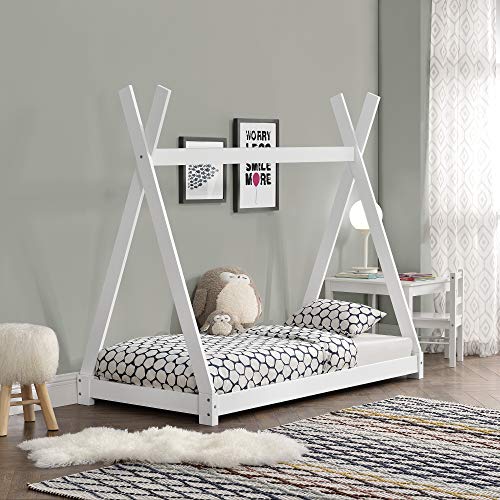 [en.casa] Cama para niños pequeños Cama Infantil 160 x 80cm Estructura Tipi de Madera Pino Blanco Mate