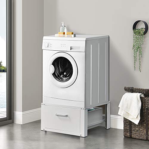 [en.casa] Pedestal para Lavadora con Cajón de Almacenamiento Soporte Mueble 63 x 54 x 31 cm hasta 150 kg Báse Estándar para Lavadora Plataforma Acero Aluminio Blanco