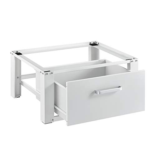 [en.casa] Pedestal para Lavadora con Cajón de Almacenamiento Soporte Mueble 63 x 54 x 31 cm hasta 150 kg Báse Estándar para Lavadora Plataforma Acero Aluminio Blanco