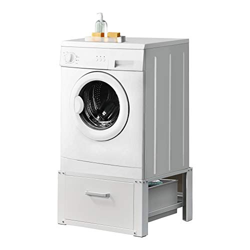 [en.casa] Pedestal para Lavadora con Cajón de Almacenamiento Soporte Mueble 63 x 54 x 31 cm hasta 150 kg Báse Estándar para Lavadora Plataforma Acero Aluminio Blanco