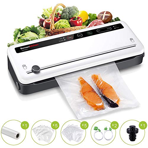 Envasadora al Vacío 4 en 1 Bonsenkitchen para Uso Doméstico y Comercial, 140W, Máquina Selladora al Vacio Alimentos Secos y Húmedos, Incluyendo Rollo de Vacio 28 x 300 cm y Bolsas 10, Blanco, VS3801