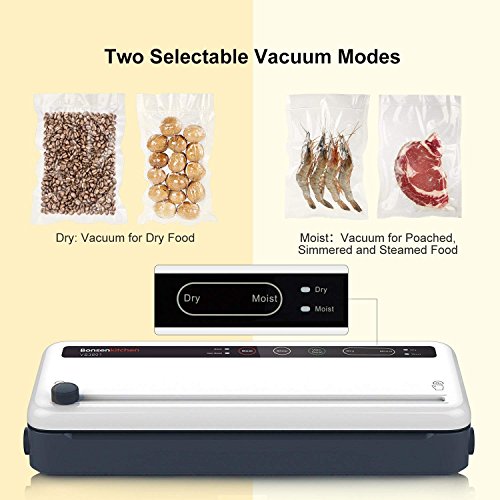 Envasadora al Vacío 4 en 1 Bonsenkitchen para Uso Doméstico y Comercial, 140W, Máquina Selladora al Vacio Alimentos Secos y Húmedos, Incluyendo Rollo de Vacio 28 x 300 cm y Bolsas 10, Blanco, VS3801