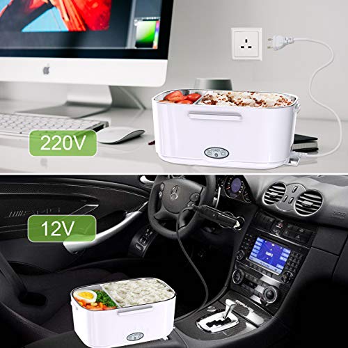 ERAY Fiambrera Eléctrica 220V 12V para Coche y Trabajo 40W 1,5L Recipiente Extraíble de Acero Inoxidable, 2 Compartimentos, Adecuado para Coche/Oficina/Escuela, Color Verde