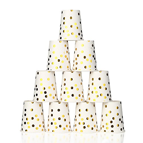 esonmus 100PCS Vaso de Papel Desechable, Disposable Cups 9 oz, Golden Polka Dot Disposable Beverage Cups, Apto para Bebidas Frías y Calientes