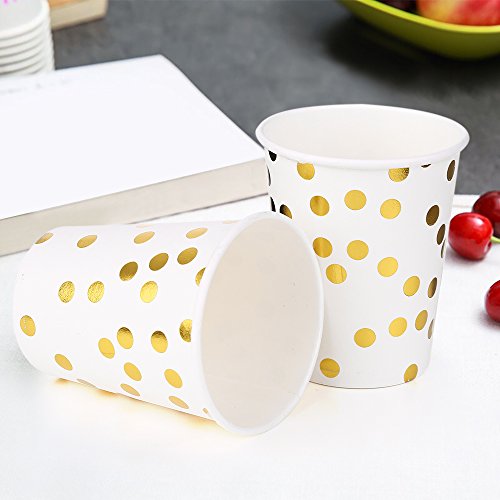 esonmus 100PCS Vaso de Papel Desechable, Disposable Cups 9 oz, Golden Polka Dot Disposable Beverage Cups, Apto para Bebidas Frías y Calientes