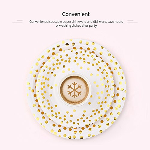 esonmus Vajilla Desechable 180 Piezas （60pcs 9oz Paper Cups + 60pcs 7" Bandeja de Papel + 60pcs 9" Platos de Postre） Lunares Dorados Platos Redondos Copas para Bebidas Platos de Cena