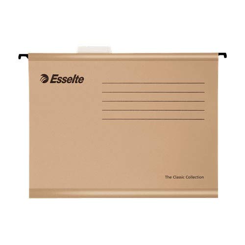 Esselte 93291 Classic - Carpeta colgante reforzada, Tamaño folio, Cartón kraft reciclado, Visor de plástico transparente, Natural, Caja de 50